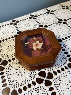 Octagonal Vintage  Wood Jewelry Box with Floral Glass Lid